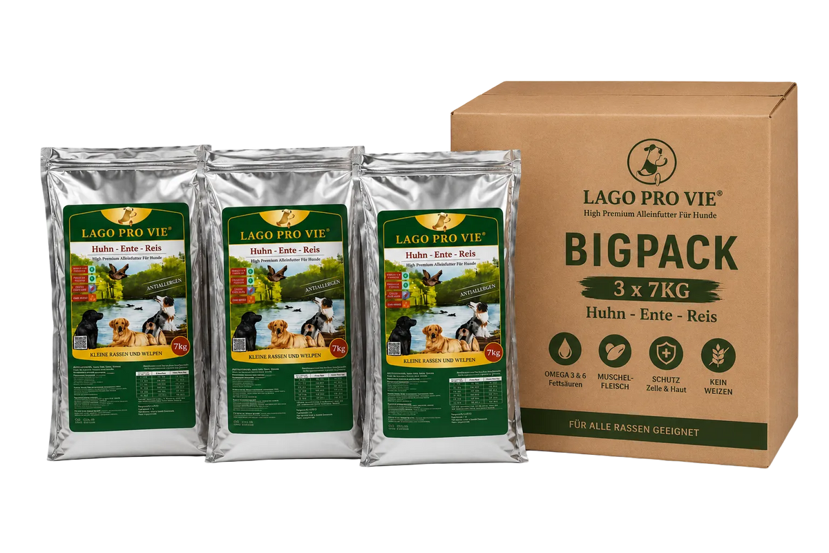 Lago Pro Vie Bigpack 3x7kg Premium Hundefutter Huhn-Ente-Reis für mittelgroße und große Rassen
