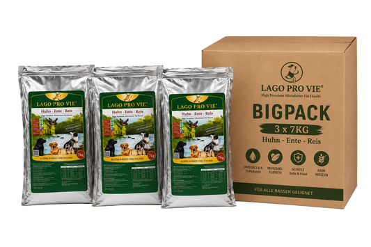 Lago Pro Vie Bigpack 3x7kg Premium Hundefutter Huhn-Ente-Reis für mittelgroße und große Rassen